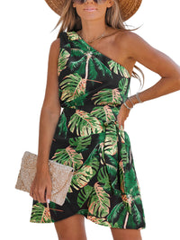 CUPSHE Women's One Shoulder Leaf Print Self - tie Short Dress Sleeveless Tiered Hem Formal Dress Casual Mini Dress - 7DAY'S