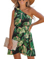 CUPSHE Women's One Shoulder Leaf Print Self - tie Short Dress Sleeveless Tiered Hem Formal Dress Casual Mini Dress - 7DAY'S