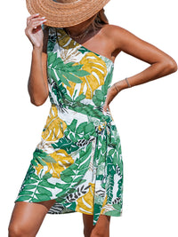 CUPSHE Women's One Shoulder Leaf Print Self - tie Short Dress Sleeveless Tiered Hem Formal Dress Casual Mini Dress - 7DAY'S