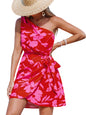 CUPSHE Women's One Shoulder Leaf Print Self - tie Short Dress Sleeveless Tiered Hem Formal Dress Casual Mini Dress - 7DAY'S