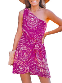CUPSHE Women's One Shoulder Leaf Print Self - tie Short Dress Sleeveless Tiered Hem Formal Dress Casual Mini Dress - 7DAY'S