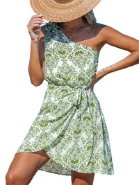 CUPSHE Women's One Shoulder Leaf Print Self - tie Short Dress Sleeveless Tiered Hem Formal Dress Casual Mini Dress - 7DAY'S