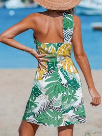CUPSHE Women's One Shoulder Leaf Print Self - tie Short Dress Sleeveless Tiered Hem Formal Dress Casual Mini Dress - 7DAY'S