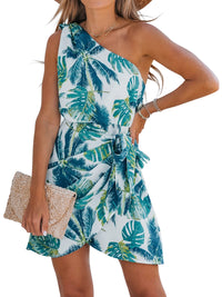 CUPSHE Women's One Shoulder Leaf Print Self - tie Short Dress Sleeveless Tiered Hem Formal Dress Casual Mini Dress - 7DAY'S
