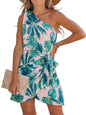 CUPSHE Women's One Shoulder Leaf Print Self - tie Short Dress Sleeveless Tiered Hem Formal Dress Casual Mini Dress - 7DAY'S