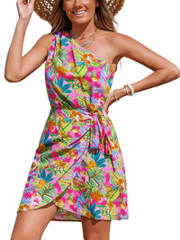 CUPSHE Women's One Shoulder Leaf Print Self - tie Short Dress Sleeveless Tiered Hem Formal Dress Casual Mini Dress - 7DAY'S