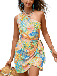 CUPSHE Women's One Shoulder Leaf Print Self - tie Short Dress Sleeveless Tiered Hem Formal Dress Casual Mini Dress - 7DAY'S