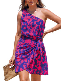 CUPSHE Women's One Shoulder Leaf Print Self - tie Short Dress Sleeveless Tiered Hem Formal Dress Casual Mini Dress - 7DAY'S