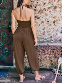 CUPSHE Women's Plunge Halter Sleeveless Pleated Long Romper Knit Jogger Maxi Jumpsuit with Pockets - 7DAY'S