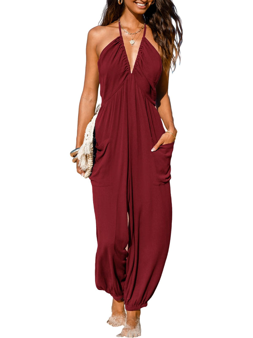 CUPSHE Women's Plunge Halter Sleeveless Pleated Long Romper Knit Jogger Maxi Jumpsuit with Pockets - 7DAY'S