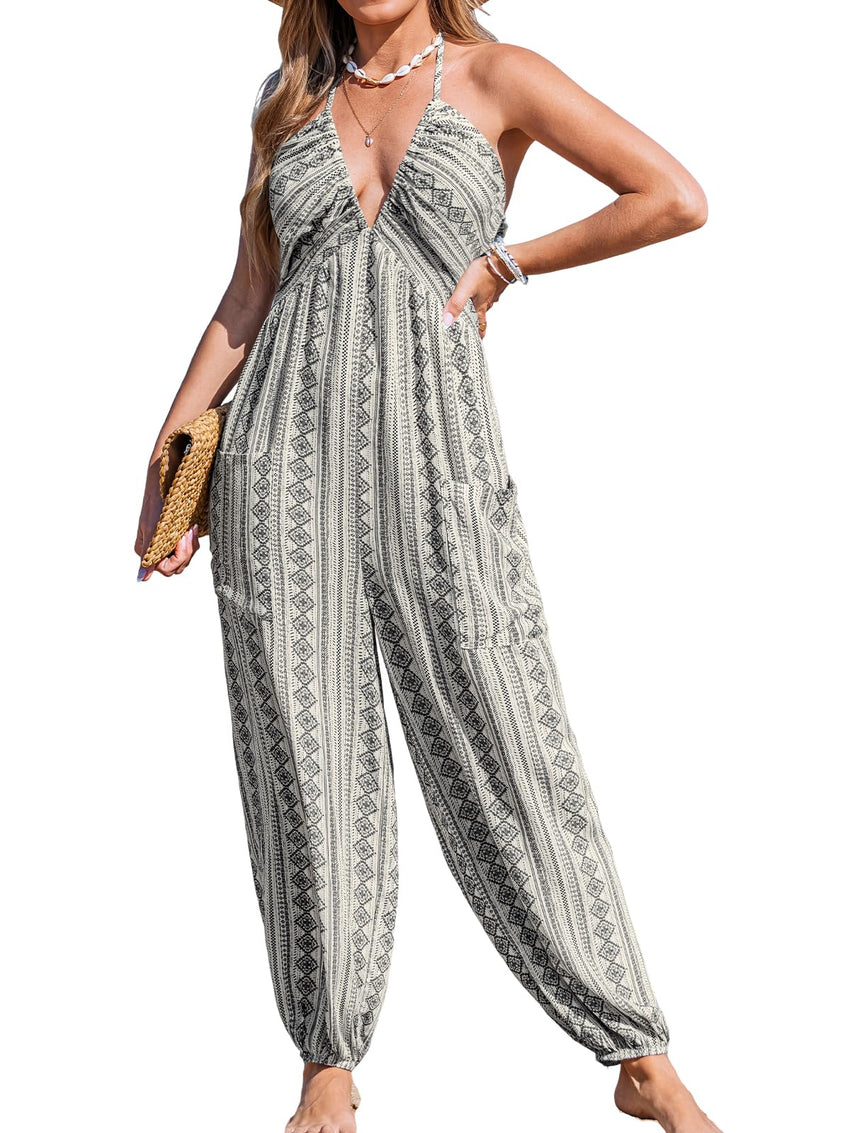 CUPSHE Women's Plunge Halter Sleeveless Pleated Long Romper Knit Jogger Maxi Jumpsuit with Pockets - 7DAY'S