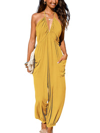 CUPSHE Women's Plunge Halter Sleeveless Pleated Long Romper Knit Jogger Maxi Jumpsuit with Pockets - 7DAY'S