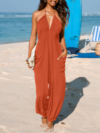 CUPSHE Women's Plunge Halter Sleeveless Pleated Long Romper Knit Jogger Maxi Jumpsuit with Pockets - 7DAY'S