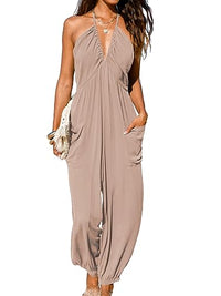 CUPSHE Women's Plunge Halter Sleeveless Pleated Long Romper Knit Jogger Maxi Jumpsuit with Pockets - 7DAY'S