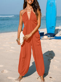 CUPSHE Women's Plunge Halter Sleeveless Pleated Long Romper Knit Jogger Maxi Jumpsuit with Pockets - 7DAY'S