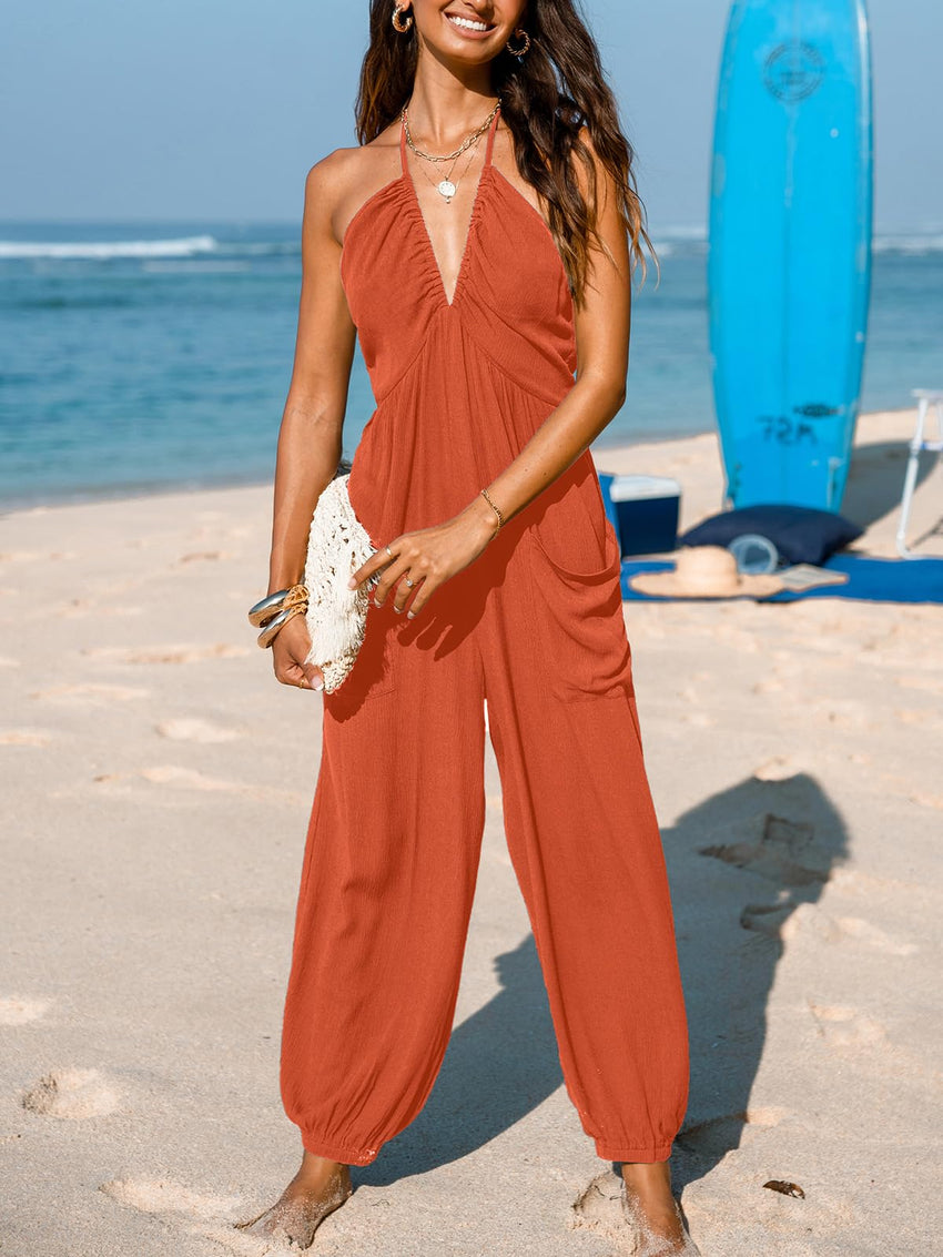 CUPSHE Women's Plunge Halter Sleeveless Pleated Long Romper Knit Jogger Maxi Jumpsuit with Pockets - 7DAY'S