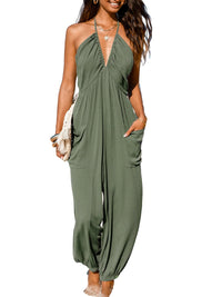 CUPSHE Women's Plunge Halter Sleeveless Pleated Long Romper Knit Jogger Maxi Jumpsuit with Pockets - 7DAY'S