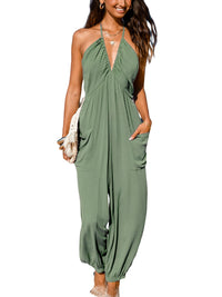 CUPSHE Women's Plunge Halter Sleeveless Pleated Long Romper Knit Jogger Maxi Jumpsuit with Pockets - 7DAY'S