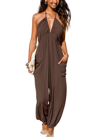 CUPSHE Women's Plunge Halter Sleeveless Pleated Long Romper Knit Jogger Maxi Jumpsuit with Pockets - 7DAY'S