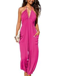 CUPSHE Women's Plunge Halter Sleeveless Pleated Long Romper Knit Jogger Maxi Jumpsuit with Pockets - 7DAY'S