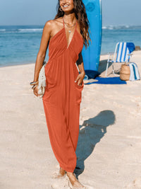 CUPSHE Women's Plunge Halter Sleeveless Pleated Long Romper Knit Jogger Maxi Jumpsuit with Pockets - 7DAY'S