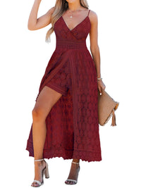 CUPSHE Women's Ruching Smocking Jumpsuit Summer Slip V Neck Backless Maxi High Low - 7DAY'S