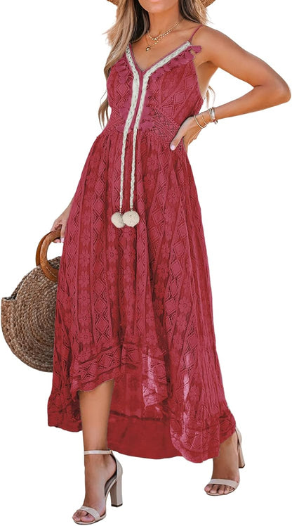 CUPSHE Women's Summer Dresses Sleeveless Lace Casual Tassel Beach Spaghetti Straps Flowy Maxi Sun Dress - 7DAY'S