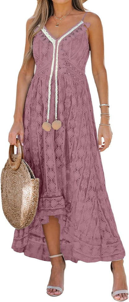 CUPSHE Women's Summer Dresses Sleeveless Lace Casual Tassel Beach Spaghetti Straps Flowy Maxi Sun Dress - 7DAY'S