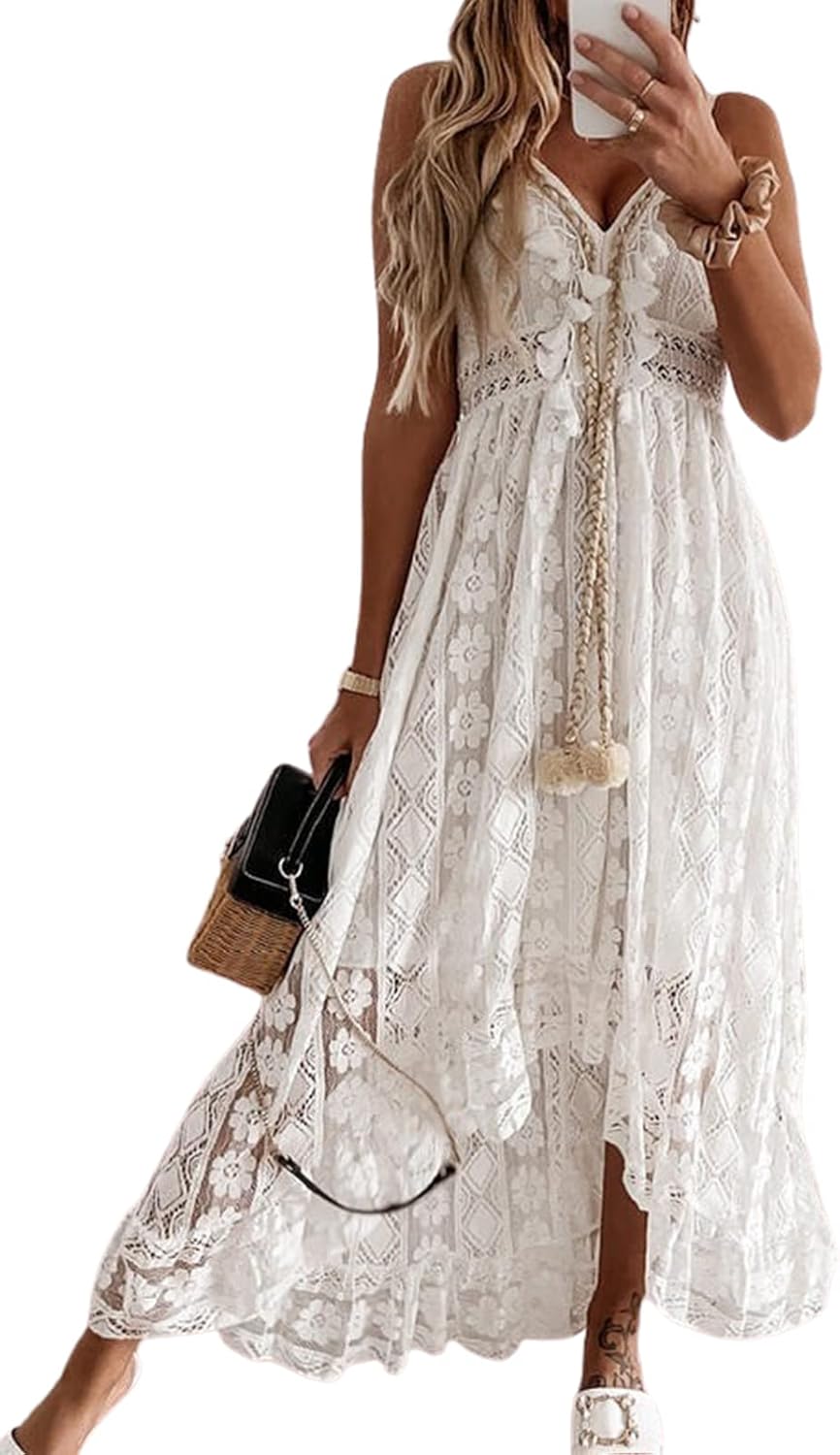 CUPSHE Women's Summer Dresses Sleeveless Lace Casual Tassel Beach Spaghetti Straps Flowy Maxi Sun Dress - 7DAY'S