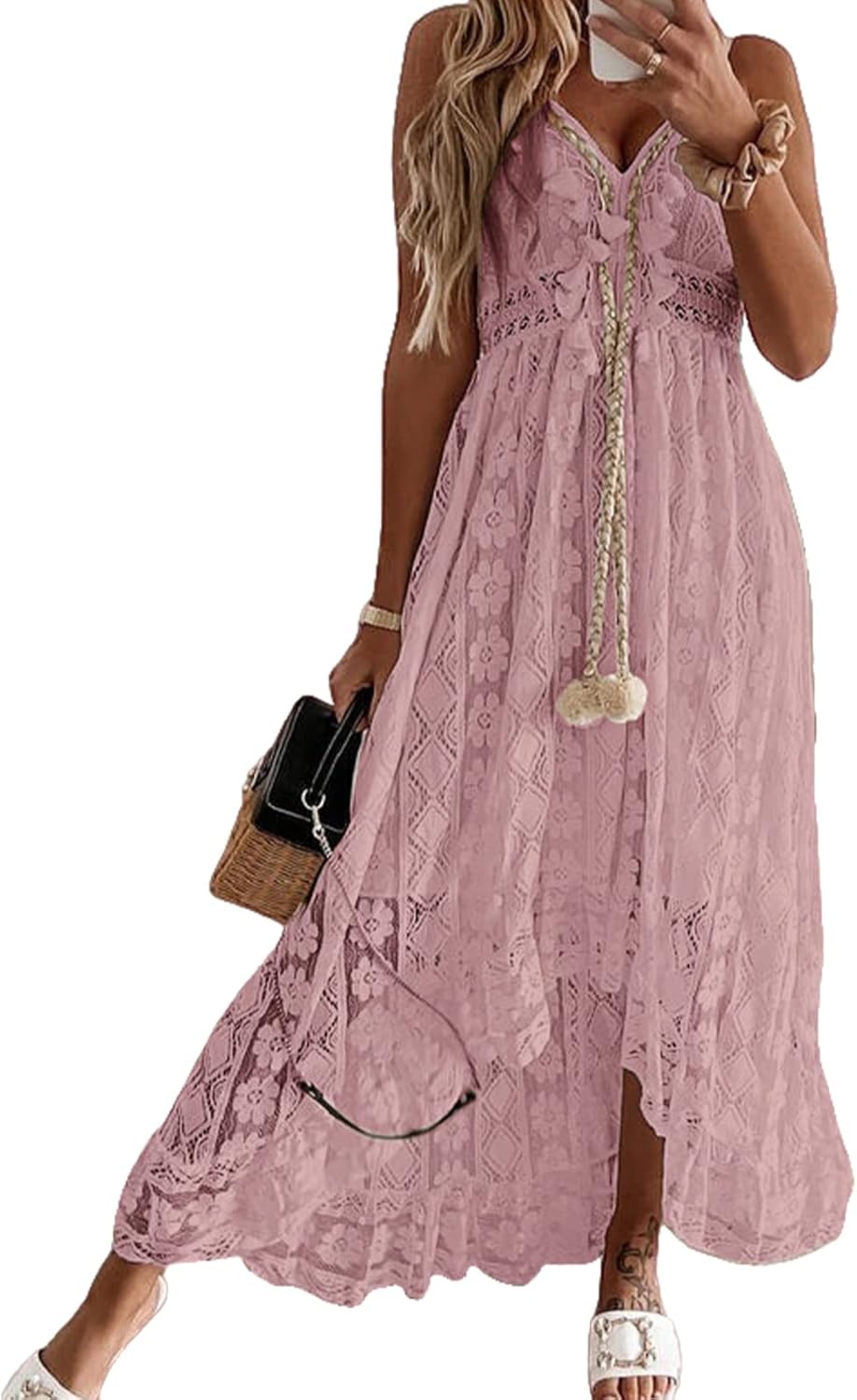 CUPSHE Women's Summer Dresses Sleeveless Lace Casual Tassel Beach Spaghetti Straps Flowy Maxi Sun Dress - 7DAY'S