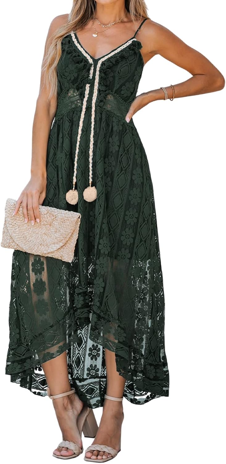 CUPSHE Women's Summer Dresses Sleeveless Lace Casual Tassel Beach Spaghetti Straps Flowy Maxi Sun Dress - 7DAY'S