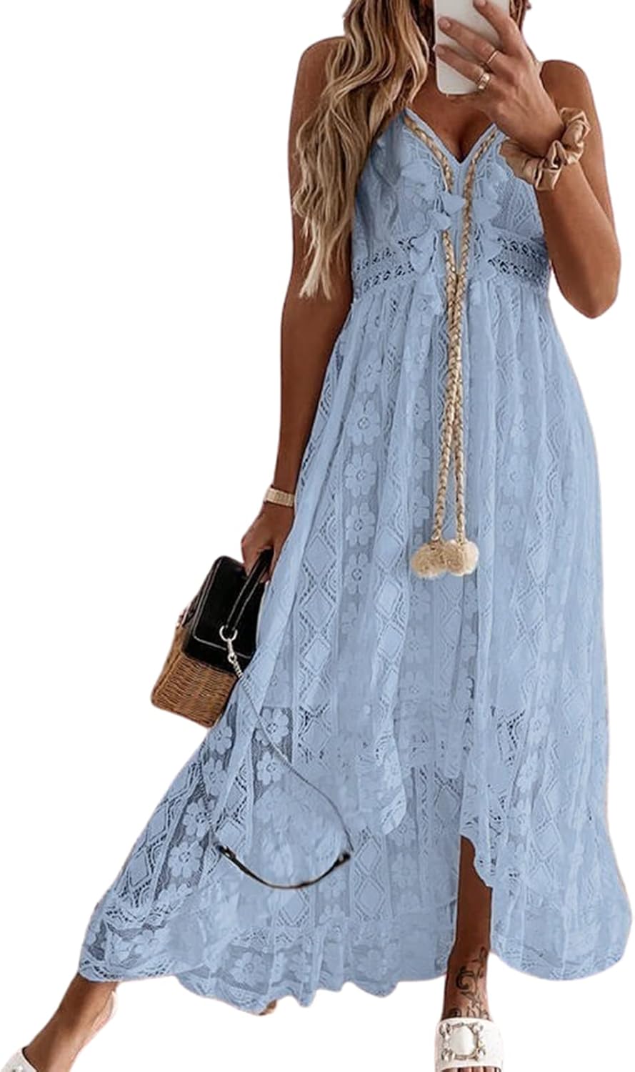 CUPSHE Women's Summer Dresses Sleeveless Lace Casual Tassel Beach Spaghetti Straps Flowy Maxi Sun Dress - 7DAY'S