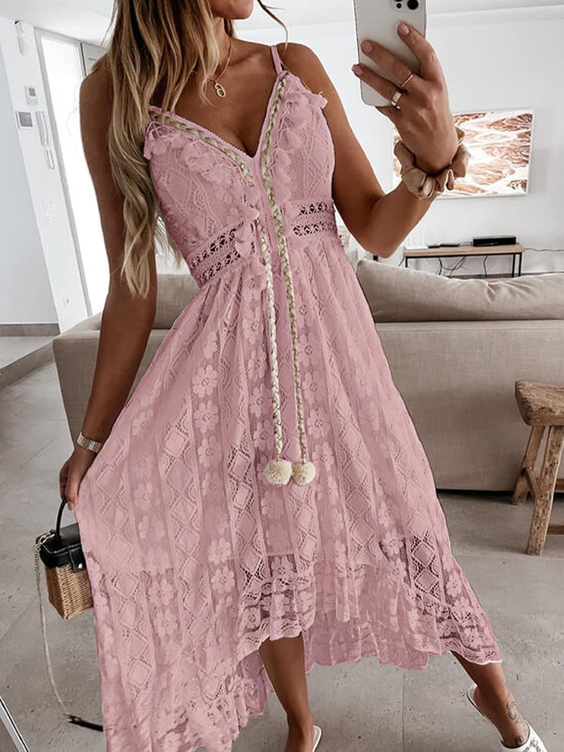 CUPSHE Women's Summer Dresses Sleeveless Lace Casual Tassel Beach Spaghetti Straps Flowy Maxi Sun Dress - 7DAY'S