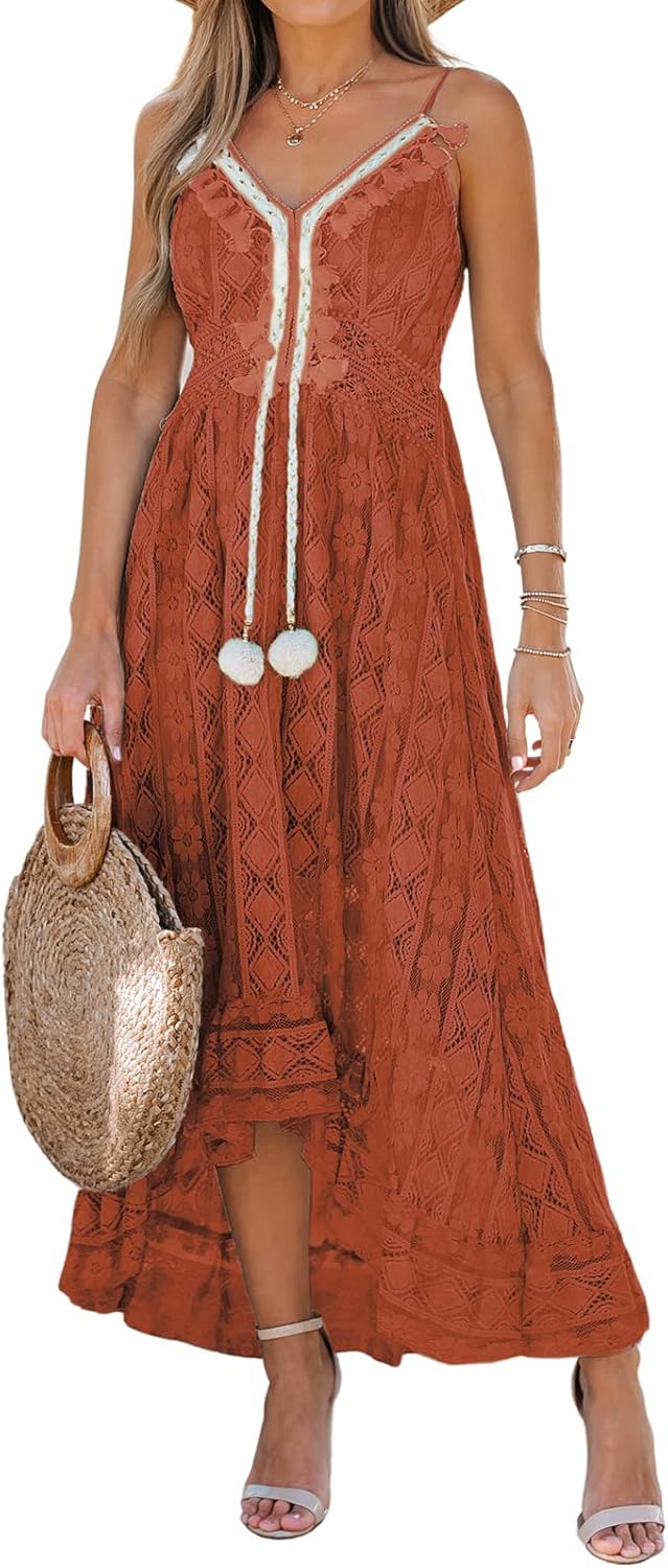 CUPSHE Women's Summer Dresses Sleeveless Lace Casual Tassel Beach Spaghetti Straps Flowy Maxi Sun Dress - 7DAY'S