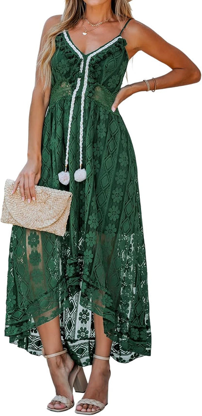 CUPSHE Women's Summer Dresses Sleeveless Lace Casual Tassel Beach Spaghetti Straps Flowy Maxi Sun Dress - 7DAY'S