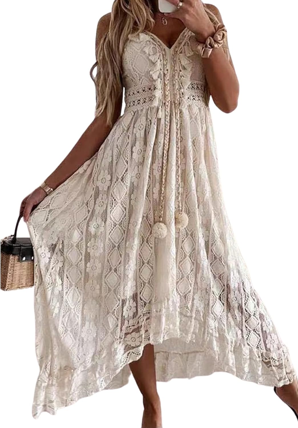 CUPSHE Women's Summer Dresses Sleeveless Lace Casual Tassel Beach Spaghetti Straps Flowy Maxi Sun Dress - 7DAY'S