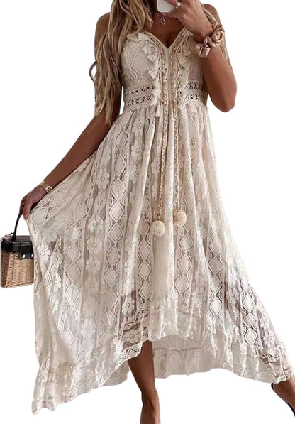 CUPSHE Women's Summer Dresses Sleeveless Lace Casual Tassel Beach Spaghetti Straps Flowy Maxi Sun Dress - 7DAY'S