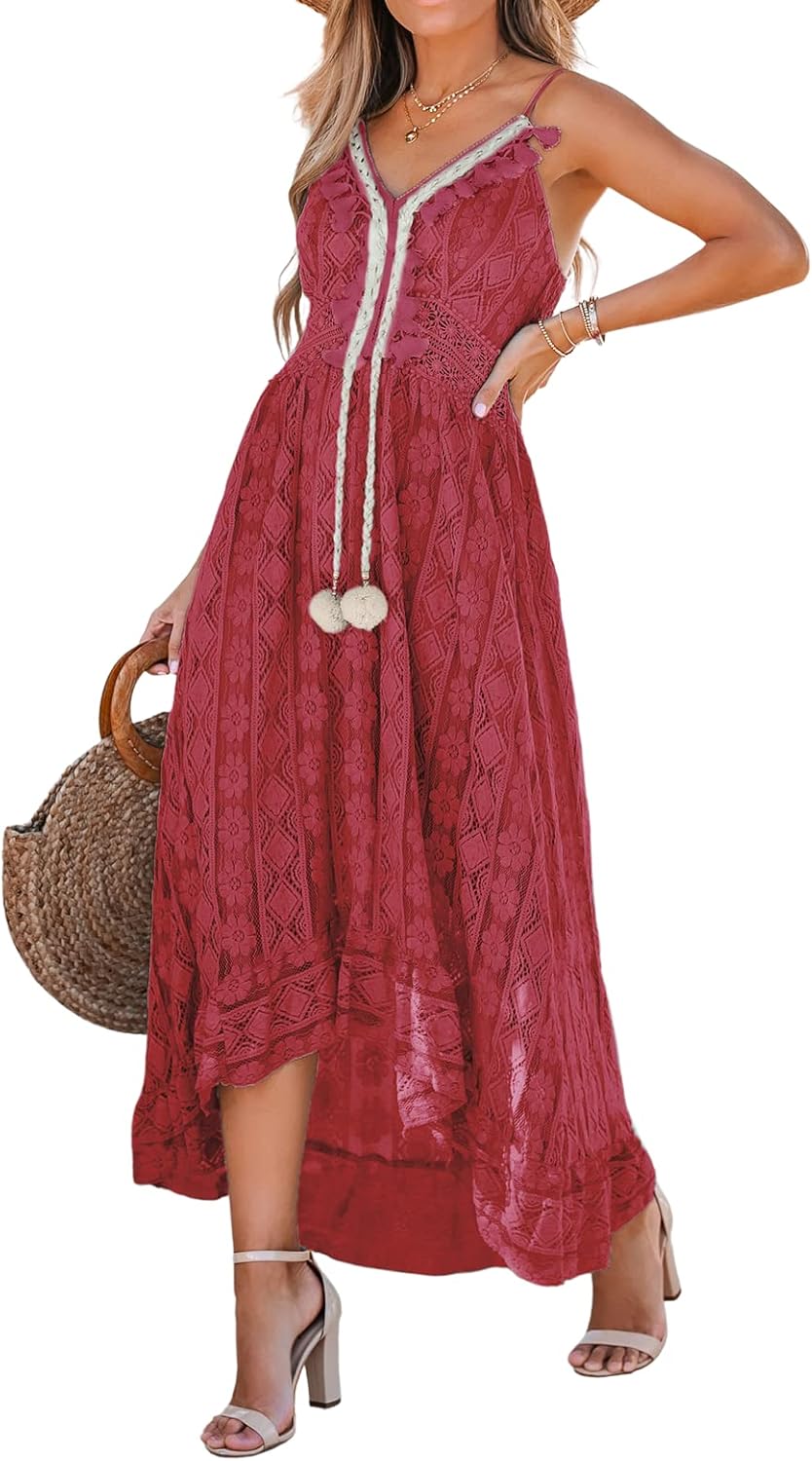 CUPSHE Women's Summer Dresses Sleeveless Lace Casual Tassel Beach Spaghetti Straps Flowy Maxi Sun Dress - 7DAY'S