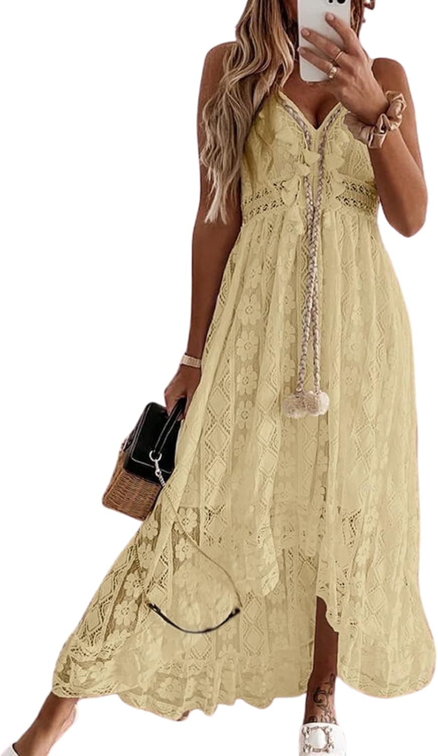 CUPSHE Women's Summer Dresses Sleeveless Lace Casual Tassel Beach Spaghetti Straps Flowy Maxi Sun Dress - 7DAY'S