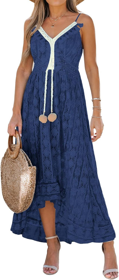 CUPSHE Women's Summer Dresses Sleeveless Lace Casual Tassel Beach Spaghetti Straps Flowy Maxi Sun Dress - 7DAY'S