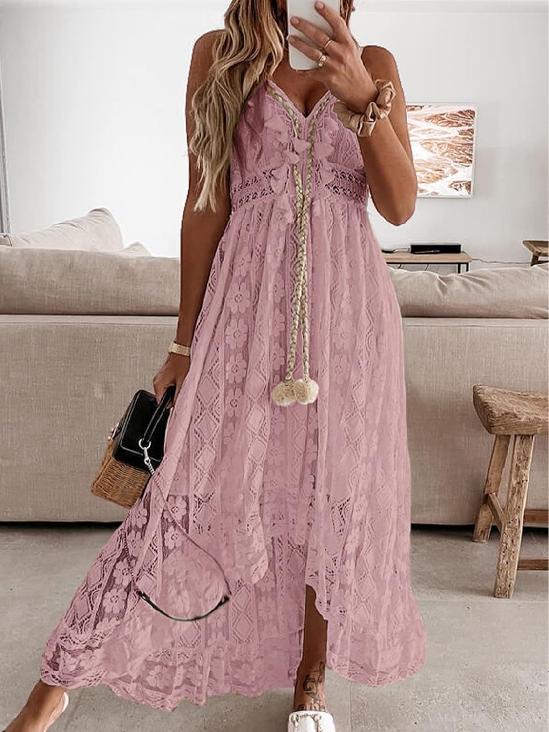 CUPSHE Women's Summer Dresses Sleeveless Lace Casual Tassel Beach Spaghetti Straps Flowy Maxi Sun Dress - 7DAY'S