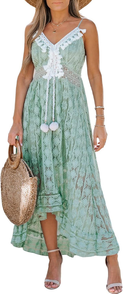 CUPSHE Women's Summer Dresses Sleeveless Lace Casual Tassel Beach Spaghetti Straps Flowy Maxi Sun Dress - 7DAY'S