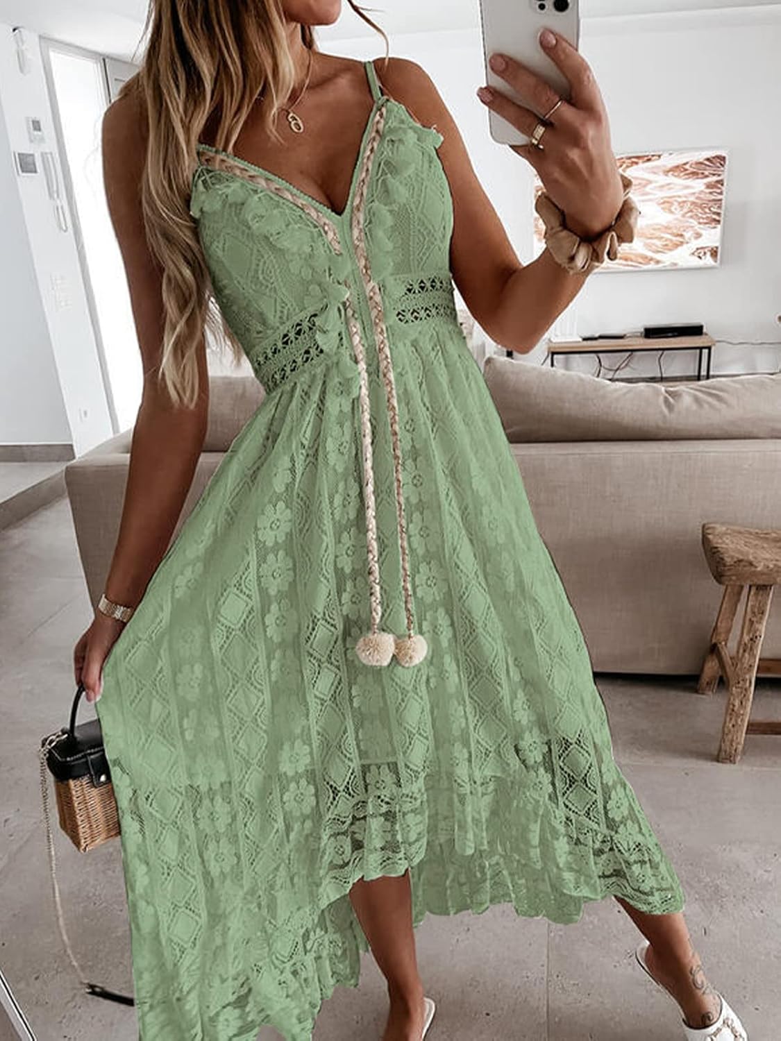 CUPSHE Women's Summer Dresses Sleeveless Lace Casual Tassel Beach Spaghetti Straps Flowy Maxi Sun Dress - 7DAY'S