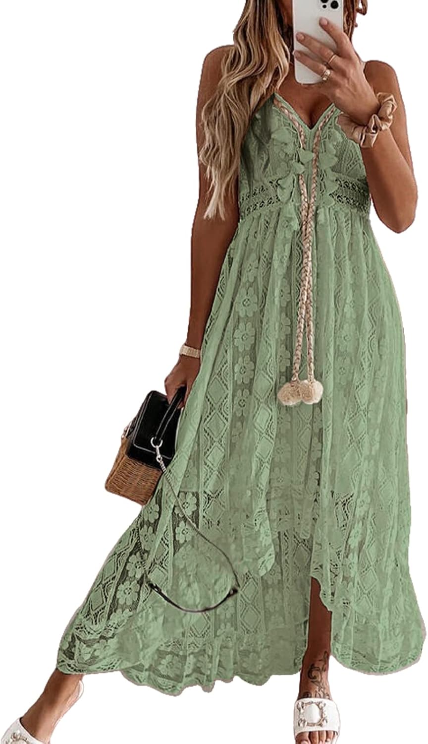 CUPSHE Women's Summer Dresses Sleeveless Lace Casual Tassel Beach Spaghetti Straps Flowy Maxi Sun Dress - 7DAY'S