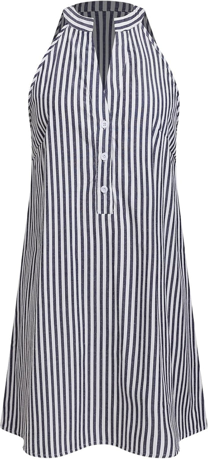 CUPSHE Womens Summer Dresses V Neck Sleeveless Striped Button Up Mini Casual Coverup Dress - 7DAY'S