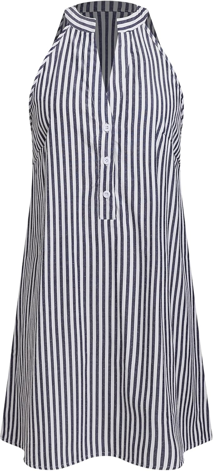 CUPSHE Womens Summer Dresses V Neck Sleeveless Striped Button Up Mini Casual Coverup Dress - 7DAY'S