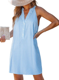 CUPSHE Womens Summer Dresses V Neck Sleeveless Striped Button Up Mini Casual Coverup Dress - 7DAY'S