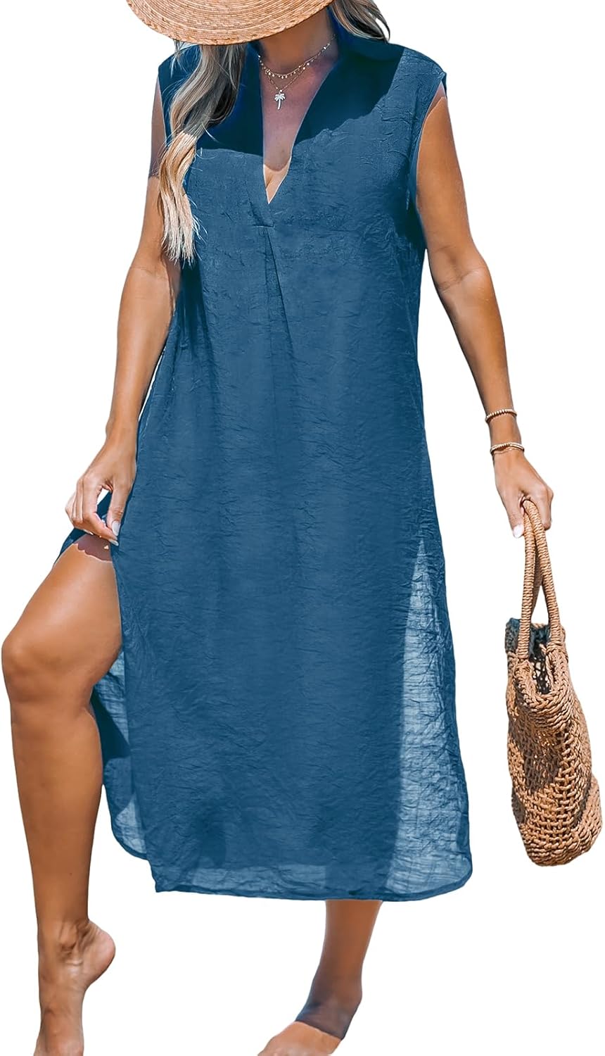CUPSHE Women's Swimsuit Coverup Casual Sleeveless Side Split Long Cardigans V Neck Midi Beach Dress - 7DAY'S