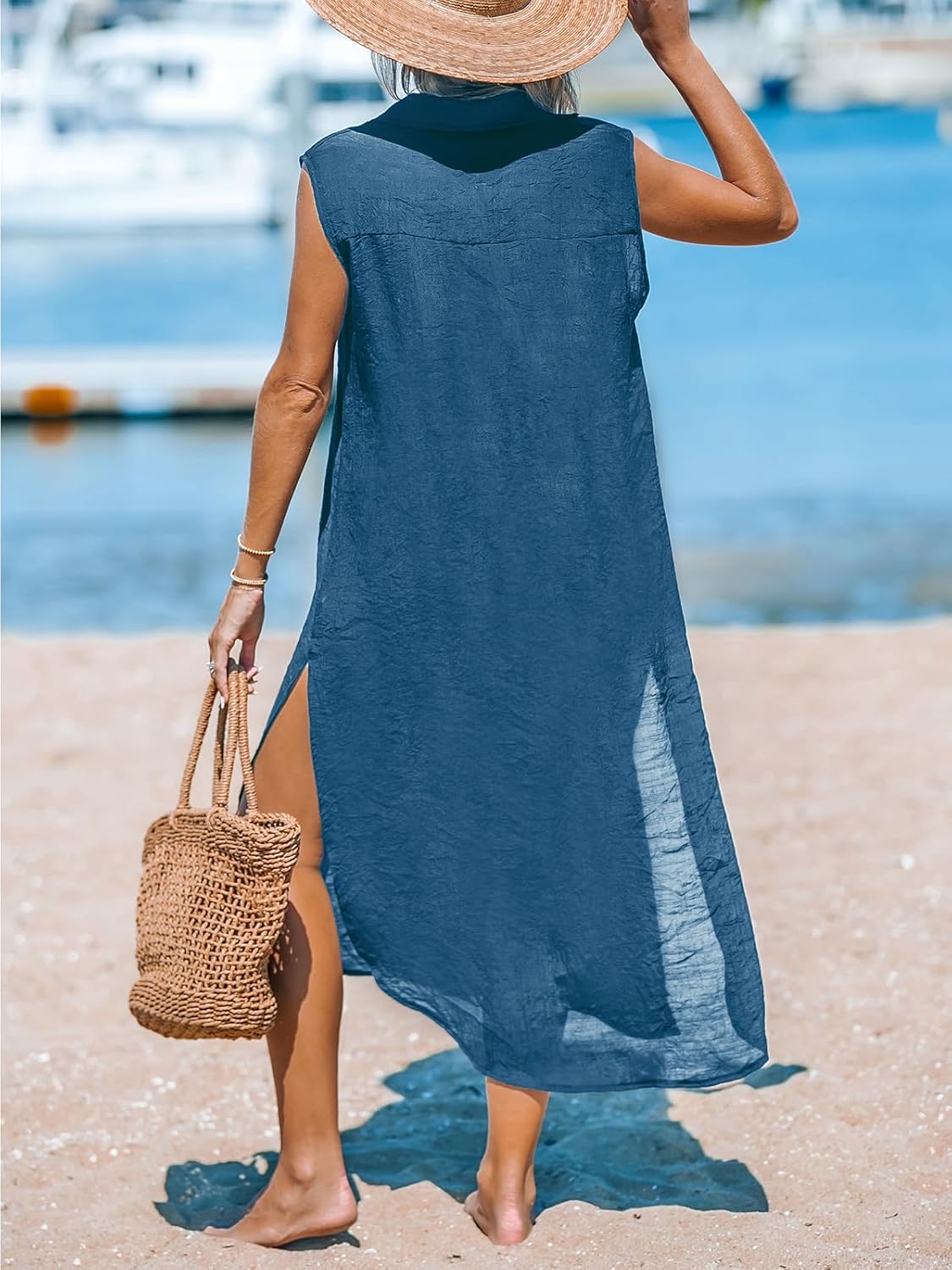 CUPSHE Women's Swimsuit Coverup Casual Sleeveless Side Split Long Cardigans V Neck Midi Beach Dress - 7DAY'S