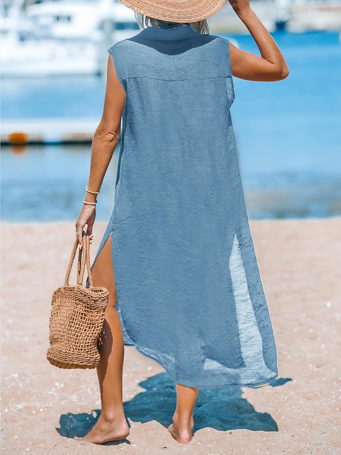CUPSHE Women's Swimsuit Coverup Casual Sleeveless Side Split Long Cardigans V Neck Midi Beach Dress - 7DAY'S